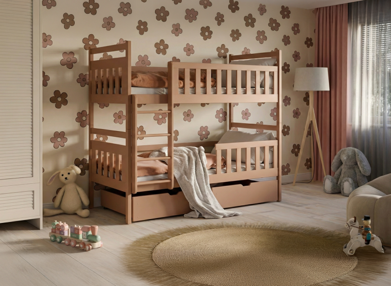 Rysunek wymiarowy łóżka piętrowego – wysokość barierki zabezpieczającej 25 cm.