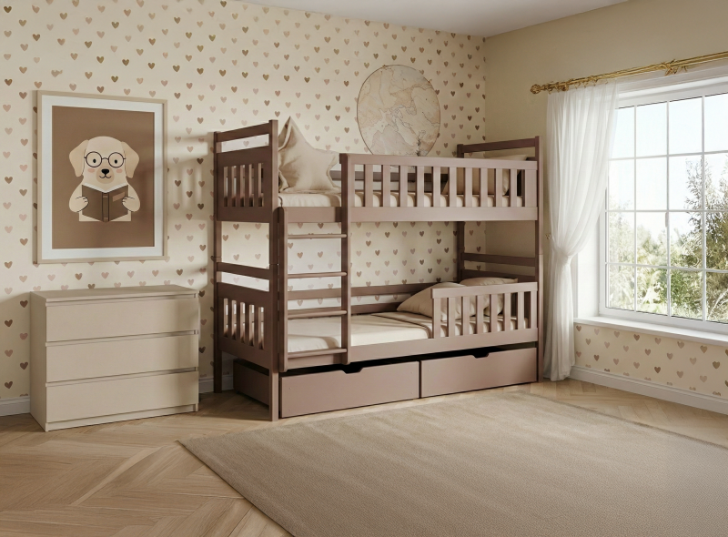 Szczegółowy rzut łóżka piętrowego z opisem odległości.