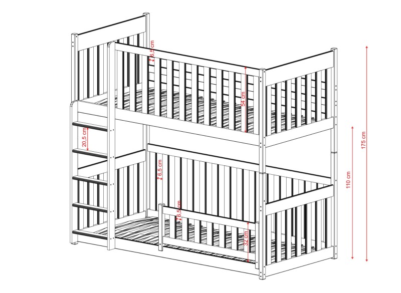 Specyfikacja wymiarowa łóżka piętrowego, wysokość dolnej barierki wynosi 32 cm.