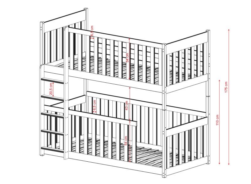Schemat konstrukcji drewnianego łóżka piętrowego z barierkami ochronnymi.