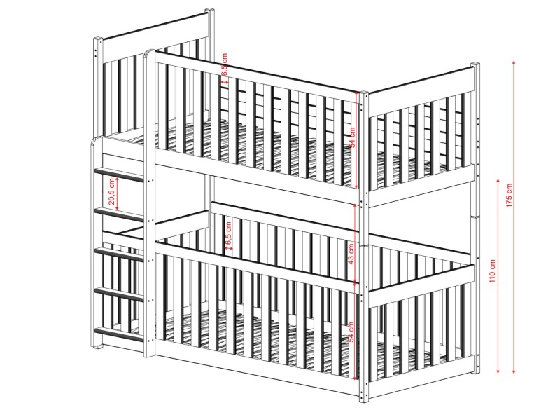 Widok techniczny łóżka piętrowego z barierkami ochronnymi.