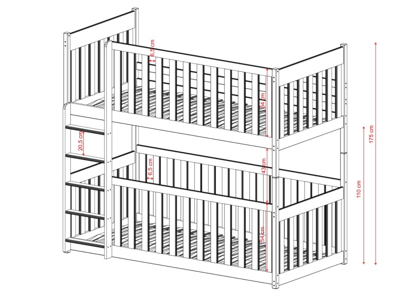 Szczegółowe wymiary białego łóżka piętrowego, wysokość całkowita 175 cm.