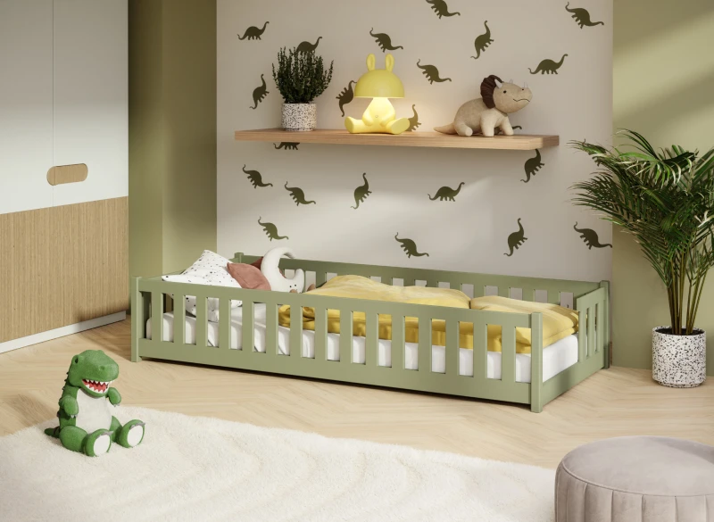 Specyfikacja wymiarowa białego łóżka piętrowego z barierkami ochronnymi.