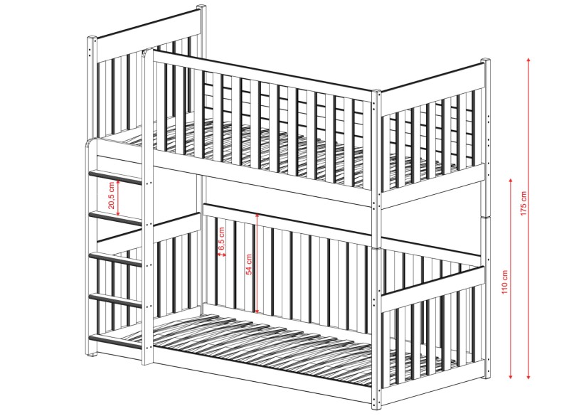 Projekt techniczny drewnianego łóżka piętrowego z drabinką i barierkami bezpieczeństwa.