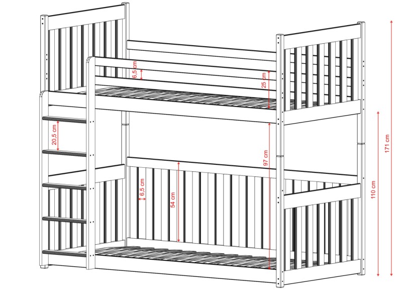 Konstrukcja piętrowego łóżka dla dwojga dzieci z bezpiecznymi barierkami.