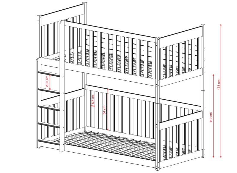 Rysunek techniczny łóżka piętrowego z pełnymi barierkami, wysokość całkowita 175 cm.