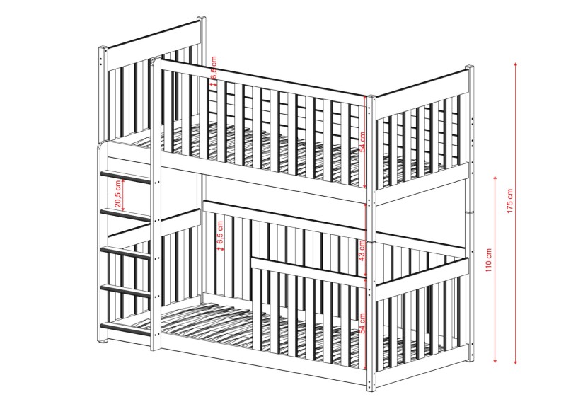 Szczegółowy rysunek wymiarowy łóżka piętrowego, całkowita wysokość mebla 175 cm