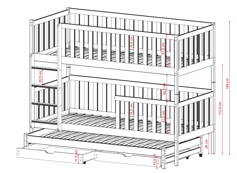 Rysunek techniczny mebla dziecięcego: łóżko piętrowe z barierkami ochronnymi.