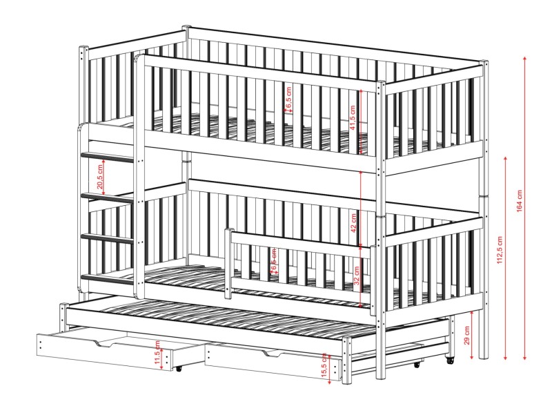 Rysunek wymiarowy białego łóżka piętrowego z wysuwanym dołem i szufladami.