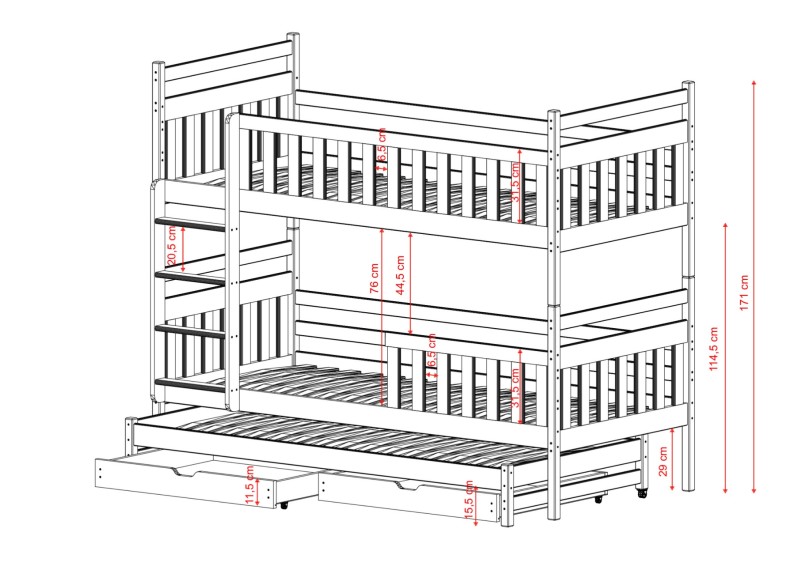 Wymiary łóżka piętrowego trzyosobowego z szufladą, rysunek techniczny.