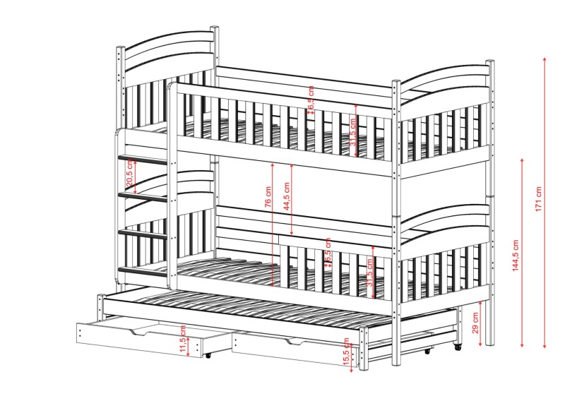 Specyfikacja wymiarowa łóżka piętrowego trzyosobowego, rysunek z opisem wysokości.