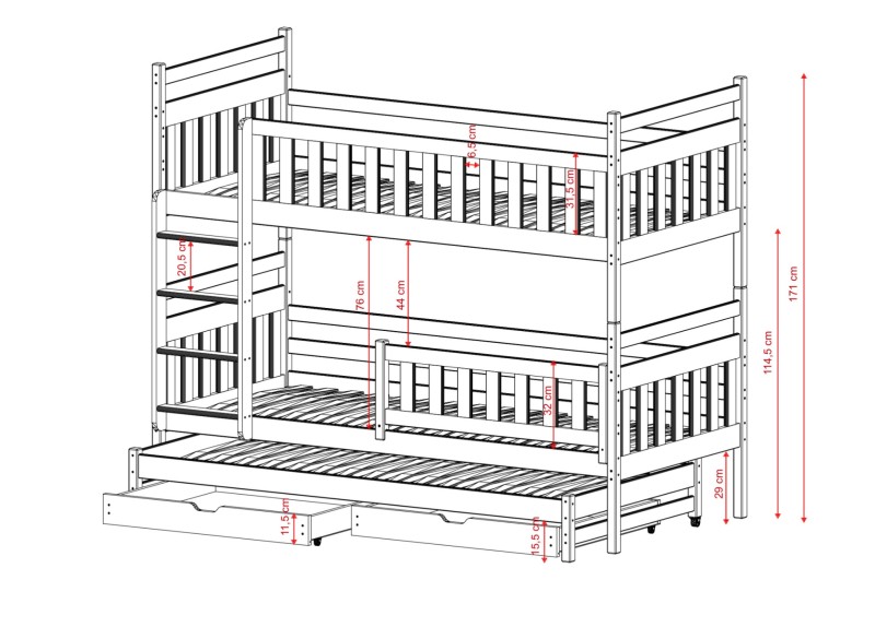 Wymiary łóżka piętrowego 3-osobowego z szufladami, schemat techniczny modelu z prostym zagłówkiem.