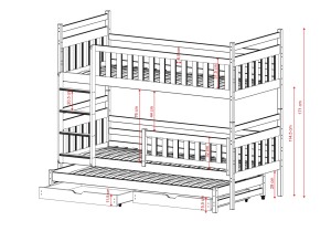 Projekt techniczny łóżka piętrowego dla trzech osób, proste wykończenie.