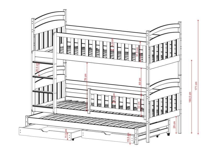 Diagram łóżka piętrowego dla dzieci z trzema miejscami do spania i szufladami.