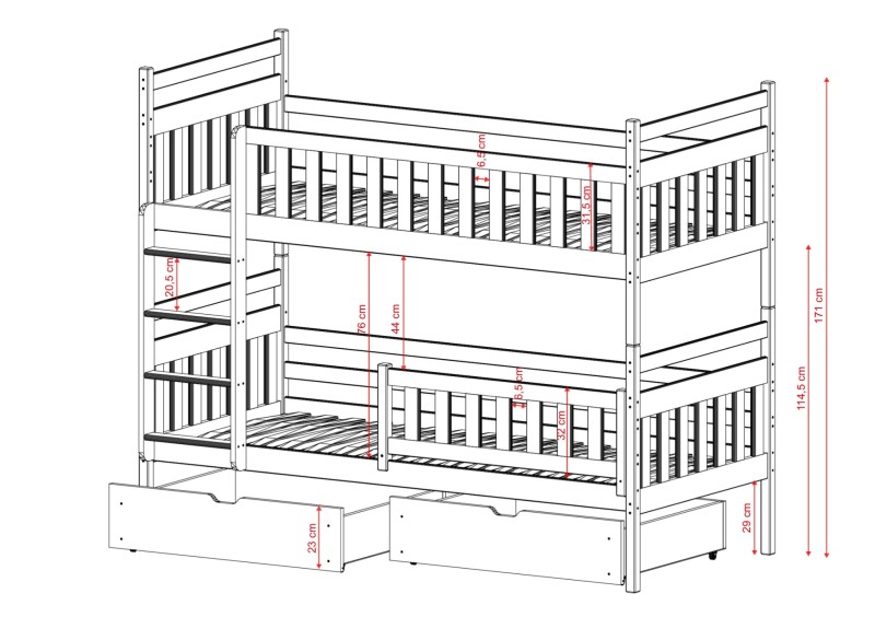 Trzyosobowe łóżko piętrowe – rysunek techniczny z opisem wysokości i szerokości.