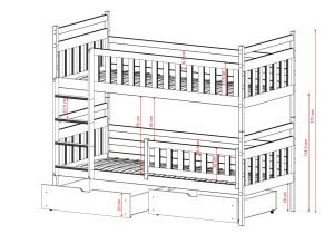 Rysunek wymiarowy łóżka piętrowego z zaznaczoną wysokością szuflad.