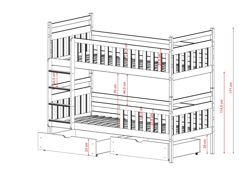 Projekt techniczny łóżka piętrowego z szufladami dla trzech osób - wymiary w cm