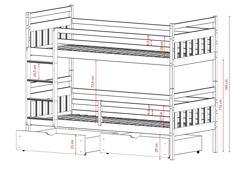 Rysunek techniczny łóżka piętrowego z zaznaczonymi odległościami barierek.