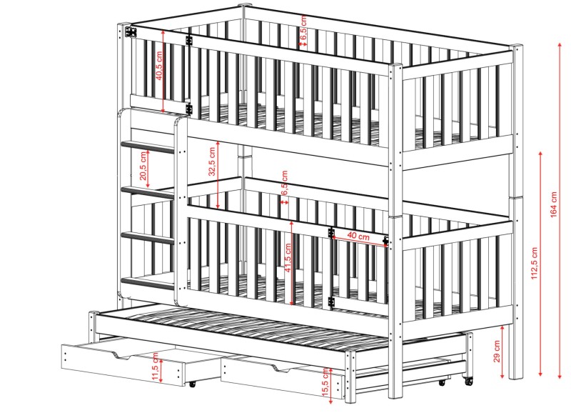 Plan konstrukcyjny łóżka piętrowego dla 3 osób z dwiema szufladami i bezpieczną drabinką.