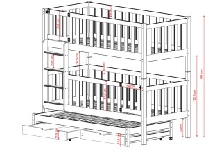 Szczegółowe wymiary potrójnego łóżka piętrowego – rysunek techniczny z barierkami i szufladami.