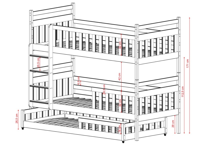 Konstrukcja łóżka piętrowego z barierkami ochronnymi - schemat z wymiarami.