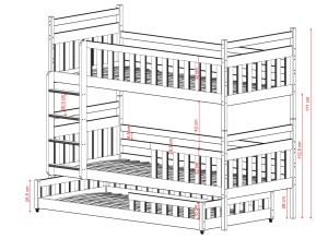 Techniczny opis wymiarów łóżka piętrowego z dodatkowym wysuwanym spaniem na kółkach, wysokość 171 cm.