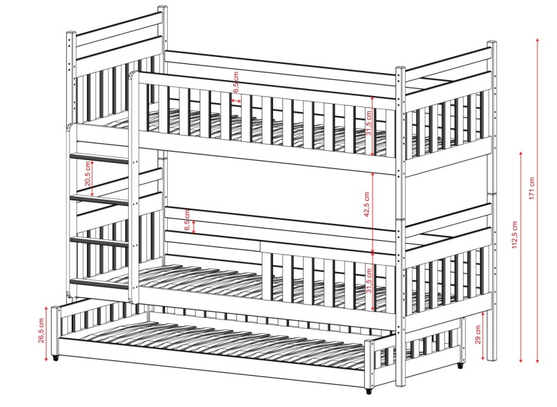 Dokładne wymiary łóżka piętrowego dla trzech osób, diagram.