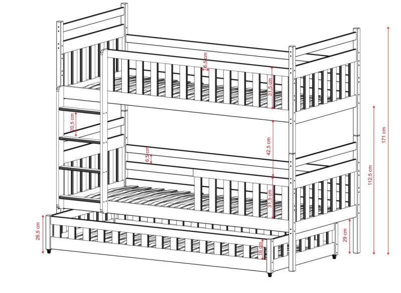 Projekt łóżka piętrowego dla dzieci z opisem wymiarów poszczególnych elementów.