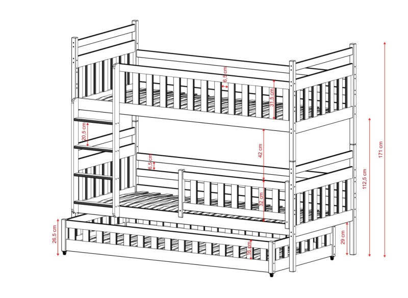 Rysunek techniczny łóżka piętrowego dla trojga dzieci z dokładnymi wymiarami barierek i wysokości.
