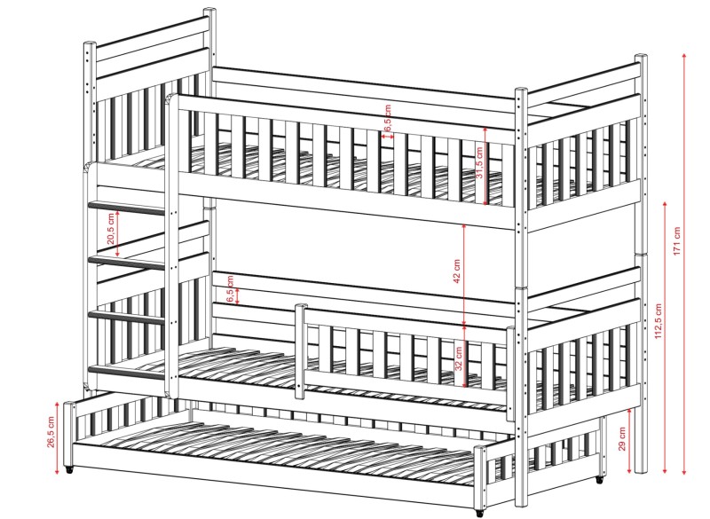 Diagram łóżka piętrowego 3-osobowego pokazujący wysokość poziomów i drabinki.