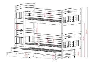 Szczegółowy schemat wymiarów łóżka piętrowego dla dzieci i młodzieży.