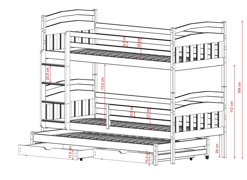 Szczegółowe wymiary barierek i drabinki w potrójnym łóżku piętrowym.