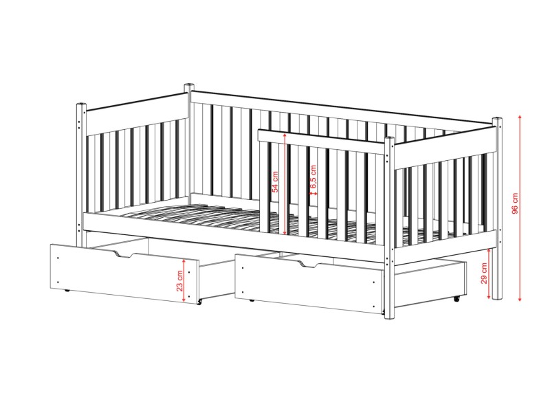 Wymiary łóżka parterowego dla dzieci: wysokość barierki 54 cm, odległość szczebli 6,5 cm.