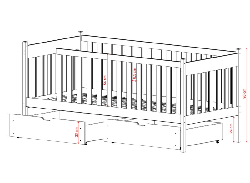 Projekt łóżka z drewna z barierkami i wysuwanymi pojemnikami na pościel, rzut techniczny.