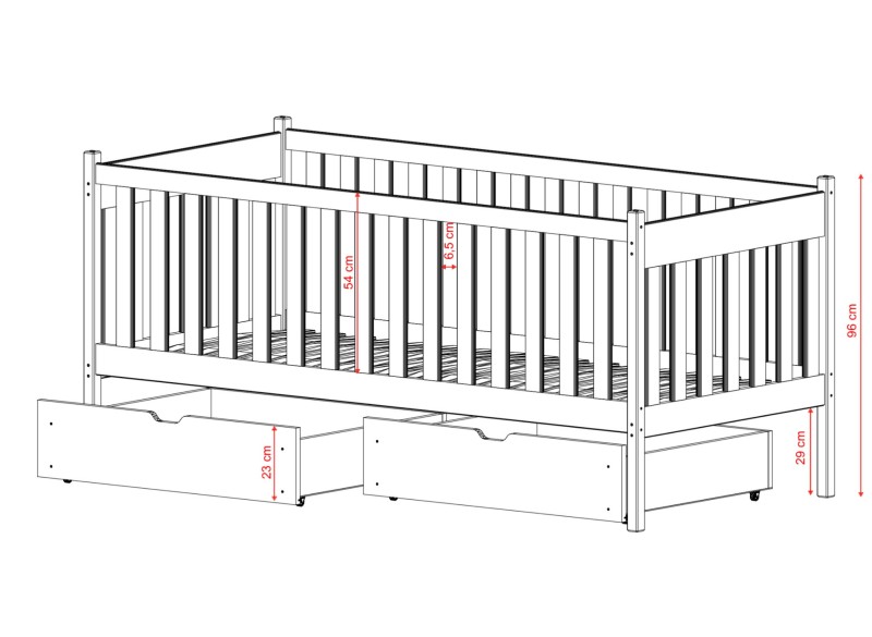 Rysunek wymiarowy łóżka z szufladami: całkowita wysokość 96 cm, barierka 54 cm.