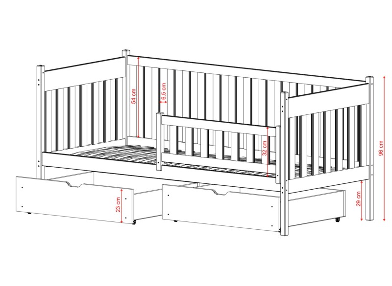 Rysunek wymiarowy łóżka dla dziecka z barierką i szufladami. Widok z boku z zaznaczonymi odległościami.