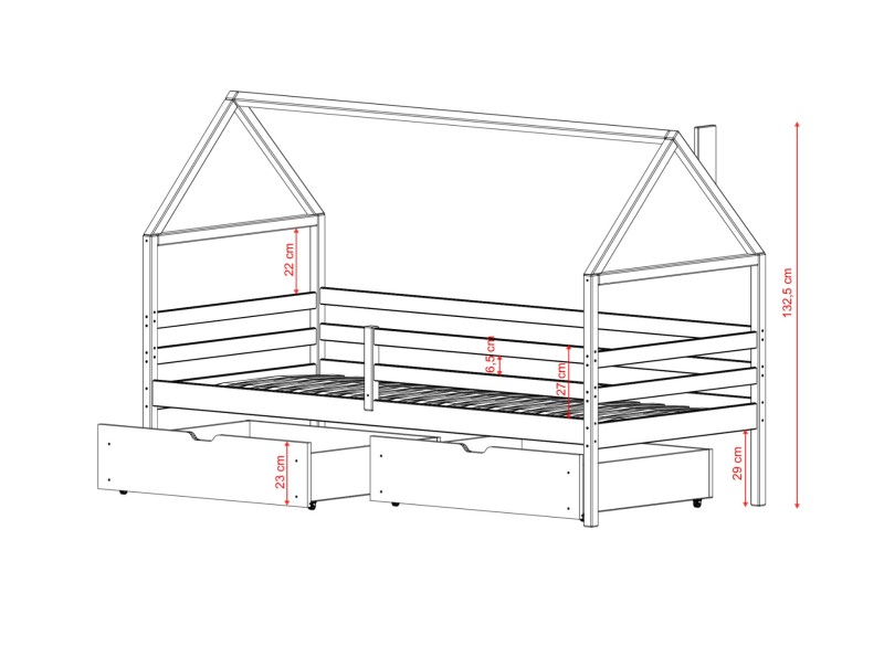 Projekt łóżka dziecięcego typu domek z dwiema szufladami na pościel.