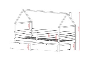 Rysunek techniczny łóżka w kształcie domku z barierką ochronną.