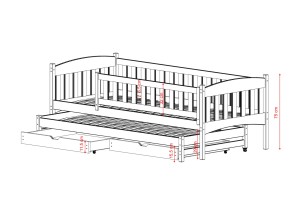 Plan konstrukcyjny łóżka dziecięcego z barierką oraz dwiema wysuwanymi szufladami.