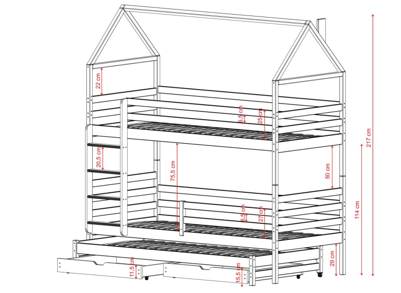 Białe łóżko piętrowe domek z wysuwanym spaniem - schemat z wymiarami.