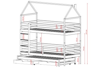 Rozmieszczenie wymiarów białego łóżka domek dla dzieci z trzema poziomami spania.