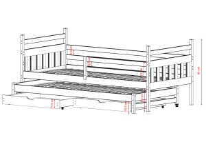 Widok techniczny ramy łóżka z barierkami i wymiarami poszczególnych części.