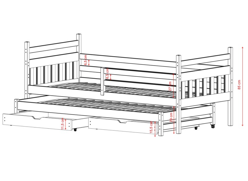 Wymiary łóżka parterowego z wysuwanym spaniem i barierką.