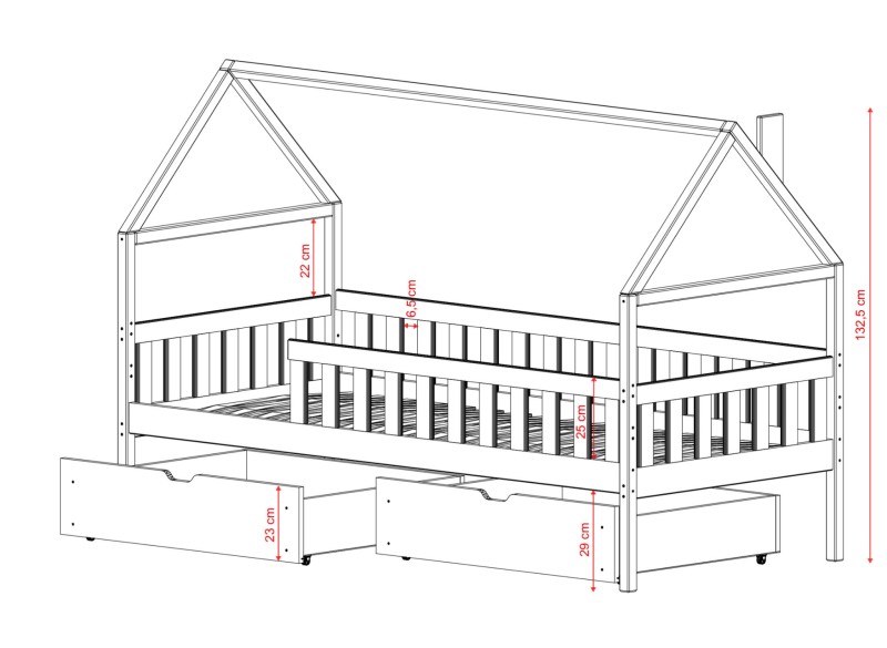 Wymiary łóżka domku dla dzieci: wysokość 132,5 cm, barierki i szuflady.