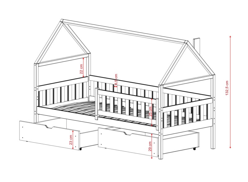 Specyfikacja wymiarowa łóżka domek z dwiema szufladami na kółkach.