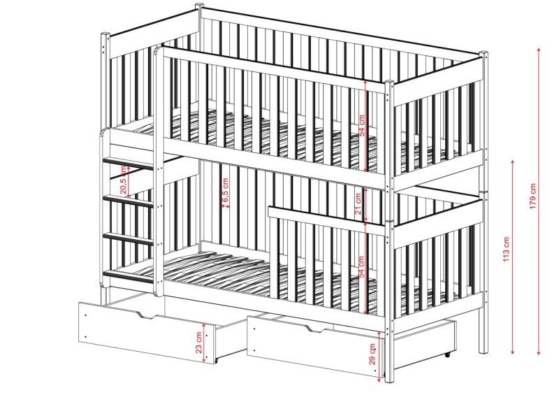 Rysunek techniczny białego łóżka piętrowego z barierkami, skala wymiarów w centymetrach.