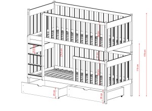 Kompletny schemat wymiarowy drewnianego łóżka piętrowego z barierkami.