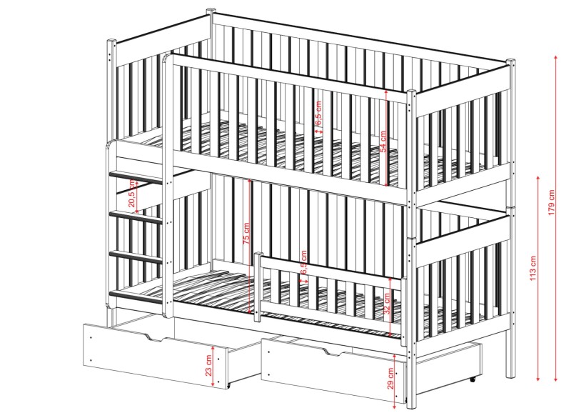 Schemat techniczny drewnianego łóżka piętrowego z wymiarami w centymetrach.