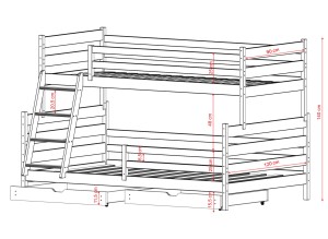 Szkic konstrukcyjny drewnianego łóżka piętrowego z drabinką, szerokość spania 90 cm i 120 cm.