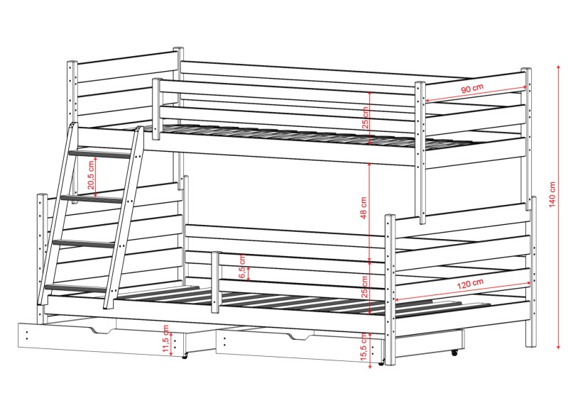 Szkic konstrukcyjny drewnianego łóżka piętrowego z drabinką, szerokość spania 90 cm i 120 cm.